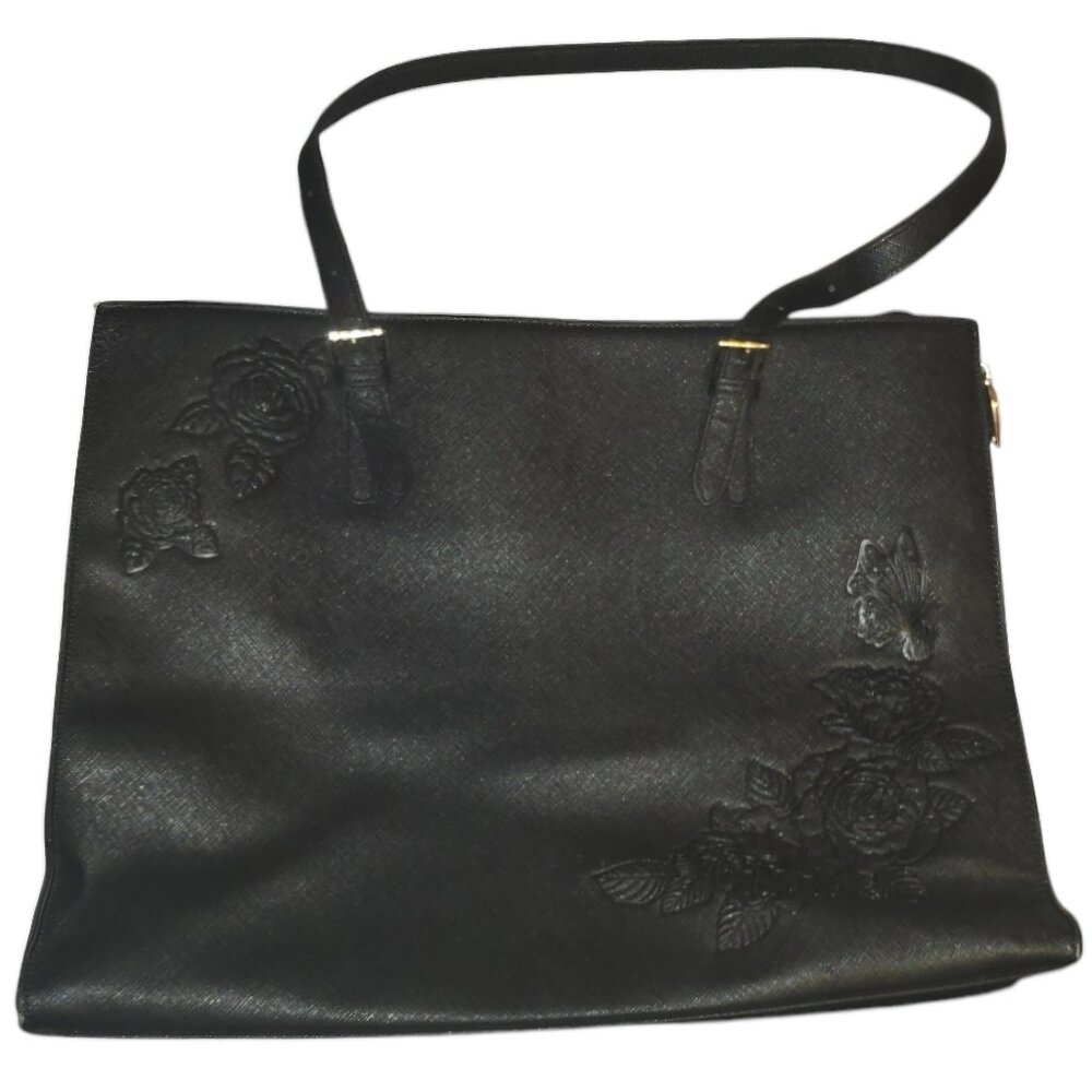 Black Faux Leather Laptop Case | Rose Embellishments | Multiple Pockets